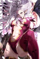 artist_name ass_visible_through_thighs big_breasts blue_eyes breasts commentary_request cowboy_shot cracked_face cracked_skin dated demon_wings fairy_tail female floating_hair grey_hair hair_spread_out highres knee_up large_breasts leotard long_hair looking_at_viewer mirajane_strauss navel parted_lips pointy_ears red_leotard red_lips red_thighhighs revealing_clothes solo thighhighs white-haired_female white_hair wings xuchuan