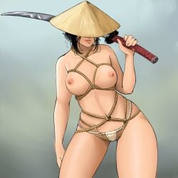 1girls asian asian_female black_hair bondage breasts female hat nipples rope salsdraws solo sword