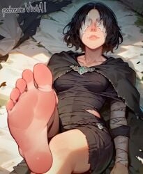 1girl 1girls ai_generated bandage bandages barefoot black_dress black_hair clothed clothing covered_eyes demon's_souls feet feet_up foot_fetish foot_focus lying maiden_in_black short_hair smirk soles solo tagme toes viewed_from_above viviai