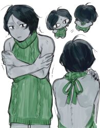 androgynous bags_under_eyes black_hair chikyu399 coat_guy_(no,_i'm_not_a_human) crossdressing expressionless femboy grey_body grey_skin male male_only no,_i'm_not_a_human shivering solo sweater sweater_dress twink virgin_killer_sweater