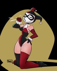 2d batman_(series) big_breasts dc dc_comics female footwear full_color harley_quinn harley_quinn_(classic) jester jester_hat jester_outfit jmoz jmoz_comix no_penetration simulated_fellatio solo solo_female