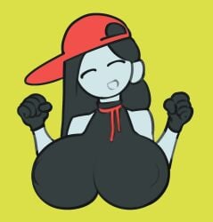 1girls ^q^ backwards_baseball_cap baseball_cap black_gloves black_hair butcher_vanity_(synthesizer_v) clenched_hands covered_nipples cropped_torso gerlicphen large_breasts long_hair mv_character red_hat red_ribbon simple_artstyle simple_background smile solo synthesizer_v upper_body vimalion_pro white_skin yellow_background yi_xi_(synthesizer_v)