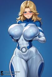 1girls ai_generated bangs belt blonde_hair blue_background blue_eyes blush bodysuit breast_lift breasts closed_mouth cowboy_shot curvy fantastic_four gradient gradient_background hair_intakes huge_breasts long_hair looking_at_viewer marvel_rivals parted_bangs patreon_username simple_background skin_tight solo sue_storm sweat thick_thighs thighs unjobdespiert watermark web_address wet white_bodysuit wide_hips