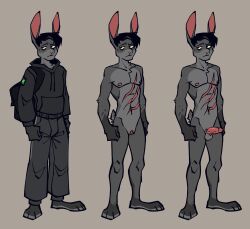 absurd_res acke amiyourhiro andromorph anthro clothed clothing erection eye_bags fur genitals hair hare hi_res intersex lagomorph leporid male mammal nipples nude penis reference_image scar simple_background vulva
