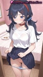 1girls ai_generated anime anime_style bangs bed bedroom belt_collar black_hair black_skirt blue_eyes blue_hair blue_panties blue_scrunchie blush bow bra bra_visible_through_clothes breasts bust busty cleft_of_venus closed_mouth clothes_lift collar collarbone cookie crazy_mita_(miside) feet_out_of_frame female female_focus female_only food hair_ornament hair_scrunchie hairband hairclip hentai hi_res high_quality high_resolution highres indoors lifted_by_self long_hair low_twintails medium_breasts miside mita_(miside) natsuyoru paipan panties pantsu panty_pull patreon plate pleated_skirt pussy pussy_juice red_collar red_hairband scrunchie see-through see-through_shirt shaved_vagina shirt short_sleeves skirt skirt_lift solo solo_female standing striped striped_clothes striped_panties thighs twintails uncensored underwear vagina voluptuous voluptuous_female white_shirt wooden_floor