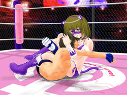 #13 animal_ears arena armlock battle bikini blush breast_smother breasts bruise cage cat_ears domination embarrassed female femdom fighting forced hickey hug humiliation injury male mask moaning sakuya_(#13) smile smirk submission sumire_(#13) swimsuit toeless_sock wrestling wrestling_ring