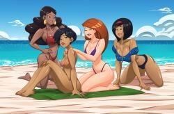 4girls amphibia anoneysnufftan applying_sunscreen beach beach_towel bikini black_hair breasts brown_hair crossover dark-skinned_female dark_skin disney disney_channel earrings embarrassed embarrassed_nude_female female female_only green_eyes humiliation imminent_death killer_lotion kim_possible kimberly_ann_possible kneeling long_hair marcy_wu massage monique_(kim_possible) murder nail_polish nipples nude ocean omiiverse orange_hair peril rubbing sand seaside short_hair sitting sky snuff summer sunbathing swimsuit towel yori_(kim_possible)