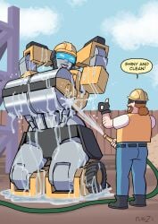 1boy 1girls arms_up big_breasts breasts busty construction_worker cybertronian dialogue female hands_behind_head hose huge_breasts human kneeling large_breasts male on_knees planz34 png road_roller_(zestysauce) robot robot_girl size_difference smile text thick_thighs transformers washing water wide_hips