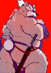 2025 anthro asian_clothing ass balls bear clothing east_asian_clothing eye_patch eyewear fundoshi genitals hi_res japanese_clothing kemono male mammal overweight overweight_male penis red_background scar simple_background solo underwear yaoyasohachi