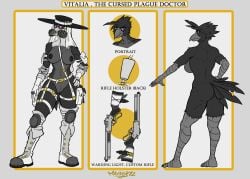 absurd_res anthro armor ass avian bandolier bird boots breasts clothed clothing combat_gear corvid corvus_(genus) crow english_text female footwear gas_mask genitals gloves gun handwear headgear headgear_only helmet helmet_only hi_res holster mask maxner12 model_sheet nude oscine passerine plague_doctor purple_eyes pussy ranged_weapon rifle shoes skimpy solo text vitalia weapon