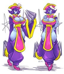 1girls 2d :o big_breasts blue_body blush breasts breasts_bigger_than_head capcom cleavage clothed clothing darkstalkers exposed_hips exposed_thighs female female_focus female_only hand_on_breast hand_on_hip hat hsien_ko jiangshi legs lei-lei lei_lei long_sleeves metal_finger_claws mokkoyu pink_eyes pointy_hair solo solo_female solo_focus three_tone_clothing video_game_character video_games white_background