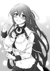 aikawa_shuuko big_breasts black_and_white breasts chains cuffs ecstas_online ponytail slave slave_collar slave_outfit slavegirl smile torn_clothes