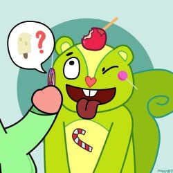 1:1 absurd_res anthro apple balls buckteeth candy candy_apple candy_cane dessert duo flippy flippy_(htf) food foreskin fruit fur furry genitals green_body green_fur happy_tree_friends heart_nose heart_symbol hi_res lollipop male male/male mammal moogle_mogsey nutty_(htf) offscreen_character one_eye_closed penis plant popsicle rodent sciurid simple_background smile smiling_at_another smiling_at_partner speech_bubble squirrel_tail teeth tongue tongue_out tree_squirrel wink