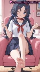 1girls ai_generated anime_style armchair bangs bare_legs barefoot black_hair blue_eyes blue_hair blue_panties blue_sailor_collar blue_skirt blush breasts bust busty chair choker closed_mouth collarbone couch crazy_mita_(miside) curtains feet female female_focus female_only finger_heart foot_fetish foot_focus foot_out_of_frame hair_ornament hair_scrunchie hairband hairclip hands_up heart hi_res high_quality high_resolution highres indoors knee_up legs lipstick long_hair looking_at_viewer low_twintails medium_breasts miniskirt miside mita_(miside) natsuyoru neckerchief on_chair one_eye_closed pale_skin panties pantsu pantyshot parted_bangs patreon pillow pleated_skirt pov_feet presenting_foot red_choker red_hairband red_neckerchief sailor_collar sailor_uniform school_uniform scrunchie serafuku shirt short_sleeves sitting skirt smile soles solo solo_female striped striped_clothes striped_panties swivel_chair thighs toenails toes tongue tongue_out twintails underwear voluptuous voluptuous_female white_shirt window wooden_floor