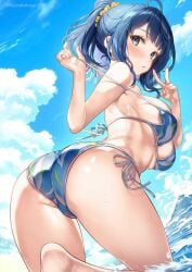 ahoge ass bare_arms bare_legs bare_shoulders bare_thighs barefoot big_breasts bikini bikini_top_pull blue_eyes blue_hair blush breasts cleavage feet fujima_takuya make_heroine_ga_oo_sugiru! medium_hair ocean outdoors parted_lips peace_sign ponytail shiny_skin side-tie_bikini_bottom thighs wading water wet_body yanami_anna