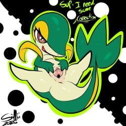 1:1 2026 3_fingers absurd_res anthro anus bedroom_eyes belly biped brown_eyes clitoral_hood dialogue digital_media_(artwork) english_text eyelashes featureless_feet feet female fingers generation_5_pokemon genitals geometric_background glistening glistening_genitalia glistening_tail glistening_thighs glistening_vulva green_arms green_body green_fingers green_hands green_outline half-closed_eyes hi_res inviting leaf leaf_tail lying markings mii2sii multicolored_body multicolored_tail narrowed_eyes nintendo nude on_back open_mouth outline plump_labia pokemon pokemon_(species) presenting presenting_vulva reptile scalie seductive serpentine signature simple_background snivy solo speech_marker spread_legs spread_vulva spreading tail tan_belly tan_body tan_legs tan_tail tan_vulva text thick_thighs vaginal_penetration vulva yellow_eyelids yellow_markings