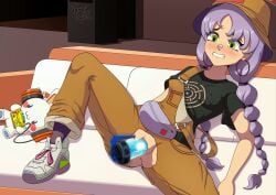 bandage_on_nose before_sex blush erect_nipple erect_nipples erect_nipples_under_clothes eyes_up fortnite fortnite:_battle_royale green_eyes mae_(fortnite) mae_jr. pale-skinned_female pale_skin pale_skinned_female purple_hair spread_legs twin_braids twintails vaginal_insertion vampy_squid