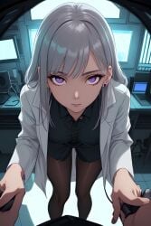 bondage dominant_female dr.moon_scp evil_eyes labcoat pantyhose pov purple_hair sexy silver_hair tied_hands