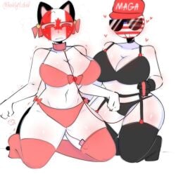 2girls america_(countryhumans) amogus_reference big_breasts canada_(countryhumans) countryhumans countryhumans_girl girl kak0yt0_chel legwear stockings thick_thighs thighhighs united_states_of_america_(countryhumans)