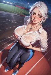 ai_generated bra ciri cum cum_drip cum_on_body cum_on_breasts cum_on_face futa_focus futa_only futanari glasses huge_ass huge_breast huge_butt huge_cock sports_bra sportswear the_witcher_(series) white_hair witcher