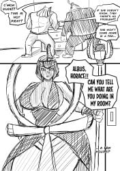 albus_(skullgirls) anthro big_breasts bird canine dialogue eliza_(skullgirls) english_text estella_comics female horace_(skullgirls) male mannyestella mrestella skullgirls thick_thighs video_games wip