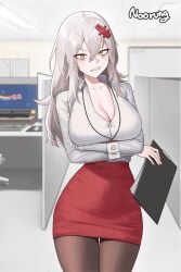 1girls blouse cleavage female female_only fully_clothed goddess_of_victory:_nikke miniskirt noorung office_lady pencil_skirt skirt white_hair yulha
