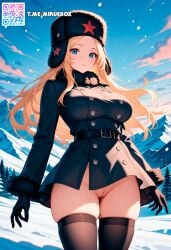 ai_generated belt black_belt black_gloves black_headwear black_thighhighs blonde_hair blue_eyes blue_sky bottomless breasts buttons censored cleft_of_venus cloud coat cowboy_shot day dress female fur-trimmed_coat fur-trimmed_sleeves fur_collar fur_hat fur_trim gloves hat large_breasts long_hair long_sleeves looking_at_viewer mosaic_censoring mountain mountainous_horizon no_panties outdoors papakha parted_bangs parted_lips pine_tree pussy red_star skindentation sky snow snowing solo standing star_(symbol) thighhighs thighs tree uncensored ushanka winter