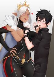 1boy armpits big_breasts black_hair breasts dark-skinned_female dark_elf dark_eyes dark_skin doumeguri_kakeru ecstas_online elf female pointy_ears red_eyes sideboob silver_eyes tall taller_girl white_hair zeragiel