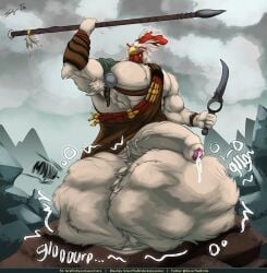 anthro avian balls big_balls big_muscles big_pecs big_penis bird bodily_fluids chicken clothed clothing cock_vore cum cum_on_penis dagger digestion feathers galliform genital_fluids genitals hi_res huge_balls huge_cock huge_muscles huge_pecs humanoid_genitalia humanoid_penis hyper hyper_balls hyper_genitalia hyper_penis ivore male melee_weapon muscular muscular_anthro muscular_arms muscular_male partially_clothed pecs penile penis phasianid polearm project_windless rekon_(project_windless) solo spear vein veiny_penis vore weapon white_body white_feathers