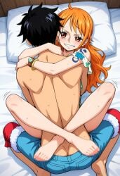 1boy1girl ai_generated black_hair blush couple female legs luffy male male/female missionary missionary_position monkey_d_luffy nami one_piece orange_hair sex shorts smile thick_thighs