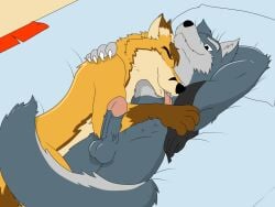 after_sex anthro bed canid canine canis duo erection fox furniture hybrid l-lycan male male/male mammal muscular muscular_male relaxing richart_(richartwf) roommate sleeping tongue wolf