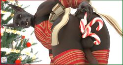 2017 3d 5_fingers all_fours anal anal_sex anthro anubis azentaru_(r-a-s-p) balls black_skin border candy candy_cane candy_cane_insertion canine christmas christmas_tree deity erection food hi_res holidays humanoid_penis improvised_sex_toy jackal looking_back male male_only mammal mostly_nude penetration penis r-a-s-p_(artist) rear_view simple_background solo tree url white_background yellow_eyes