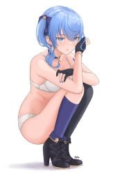 1girls blue_eyes blue_hair boots bra breasts diptip fingerless_gloves gloves heel_boots heels hololive hololive_japan hoshimachi_suisei looking_at_viewer panties solo squatting underwear virtual_youtuber