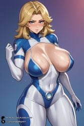 1girls ai_generated areola_slip bangs belt blonde_hair blue_eyes blush bodysuit breasts cleavage clenched_hand closed_mouth covered_navel cowboy_shot curvy fantastic_four gloves gradient gradient_background hand_up huge_breasts invisible_woman invisible_woman_(marvel_rivals) large_breasts long_hair looking_at_viewer marvel_rivals medium_hair parted_bangs shiny skin_tight solo susan_storm sweat thick_thighs thighs unjobdespiert