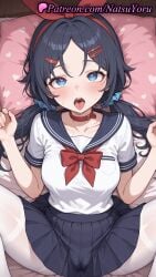 1girls ahe_gao ai_generated anime anime_style bed bed_sheet black_hair black_sailor_collar black_skirt blue_eyes blue_hair blue_skirt blush bow bowtie breasts bust busty cameltoe choker clothing collar collarbone crazy_mita_(miside) female female_focus female_only female_solo hair_ornament hair_scrunchie hairband hairclip hands_up heart heart-shaped_pupils hentai hi_res high_quality high_resolution highres large_breasts legwear long_hair looking_at_viewer low_twintails lying medium_breasts miniskirt miside mita_(miside) natsuyoru neckerchief on_back on_bed open_mouth pantyhose parted_bangs patreon pillow pleated_skirt red_bow red_bowtie red_choker red_collar red_hairband sailor_collar sailor_uniform saliva school_uniform scrunchie serafuku shirt short_sleeves skirt solo solo_female spread_legs symbol-shaped_pupils thighband_pantyhose tongue tongue_out twintails voluptuous voluptuous_female white_legwear white_pantyhose white_shirt white_thighhighs