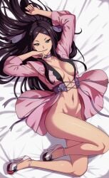 1girls absurd_res arm_up bed bed_sheet black_hair breasts choker cleavage convenient_censorship creatures_(company) dress female game_freak grey_eyes gym_leader hand_on_head head_ornament hi_res high_heels long_hair looking_at_viewer lying medium_breasts navel nintendo no_panties on_back open_clothes pokemon pokemon_xy purple_eyes ribbons robes shoes smile solo valerie_(pokemon) vivivoovoo