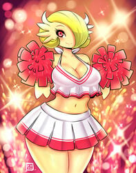 1girls anthro big_breasts big_thighs breasts cheerleader cheerleader_uniform cleavage clothing crop_top curvy female female_gardevoir female_only gardevoir green_hair hair_over_one_eye kenron_toqueen mega_evolution mega_gardevoir midriff navel nintendo pokemon pokemon_(species) pokemon_rse pom_poms red_eyes skirt smile solo thick thick_hips thick_thighs thighs white_uniform wide_hips