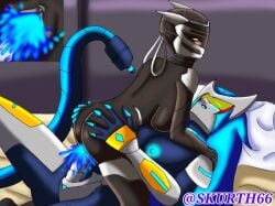 1futa 1girls black_body cowgirl_position cum cum_in_pussy cum_inside futa_on_female pleasure_face robot_girl skurth66 vaginal_penetration valorant vyse_(valorant) zatrina_the_robot