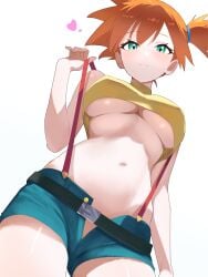 aqua_eyes belt black_belt blue_shorts breasts cleavage covered_erect_nipples creatures_(company) denim denim_shorts female from_below game_freak heart highres kasumi_(pokemon) medium_breasts navel nintendo open_fly orange_hair pokemon pokemon_(anime) pokemon_(classic_anime) ryokuchabushi short_shorts shorts side_ponytail solo stomach suspender_shorts suspenders suspenders_pull underboob