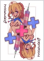 balatro blonde_hair blue_eyes cleavage clown_girl honeyjello jester_girl joker lipstick makeup needle nurse nurse_cap playing_card poker red_hair small_breasts smile smiling_at_viewer syringe tabitha_(puglist) transgender_pride_colors transgender_symbol