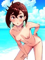 :o absurdres ayase_momo beach breasts brown_eyes brown_hair completely_nude dandadan day earrings female highres jewelry looking_at_viewer navel nike_(0306) nipples nude ocean open_mouth outdoors pussy small_breasts solo sweat water