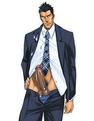 1boy bara cum erection male_focus male_only muscle necktie penis presenting rabbit_(artist) rabbit_(pixiv744412) solo suit tagme testicles undressing