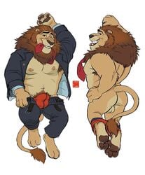 1boy ass bulge clothing crotch disney full_body furry leodore_lionheart lying male male_focus male_only naughty_face red_underwear rossciaco solo suite testicles tongue underwear undressing zootopia