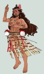 bojinkoo brown_skin chin_tattoo dancing dark-skinned_female earrings exposed_breasts grass_skirt headband maori necklace polynesian skirt standing tagme tribal_markings tribal_tattoo