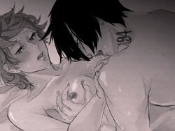 1boy 1girls breast_grab breasts duo emma_(the_promised_neverland) female messy_hair monochrome nipple_licking nipples nude number number_tattoo numbered ray_(the_promised_neverland) reverence sketch small_breasts straight the_promised_neverland yakusoku_no_neverland