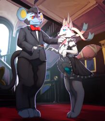 2025 absurd_res anthro anthrofied black_body black_fur black_nose blue_body blue_clothing blue_fur blue_underwear bodily_fluids bow_tie bulge butler clothed clothing crossdressing crossdressing_(mtf) crossdressing_male detailed_background digital_media_(artwork) drooling eeveelution femboy fur generation_4_pokemon generation_6_pokemon hi_res hypnosis jordan_shinespark lukos luxray maid_uniform male mansion mind_control multicolored_body multicolored_fur nintendo pink_body pink_fur pokemon pokemon_(species) pokemorph red_bow_tie ringed_eyes saliva sexotheque suit_and_tie sylveon underwear uniform white_body white_fur