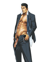 1boy bara cum male_focus male_only muscle penis presenting rabbit_(artist) rabbit_(pixiv744412) solo suit tagme testicles unbuttoned undressing