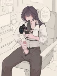 big_cock big_dick big_penis blush clothed clothes clothing cock cum cumming dick dickgirl drako_sophia elysia_(honkai_impact) female female_focus fu_hua futanari handjob honkai_(series) honkai_impact_3rd hoyoverse kiana_kaslana masturbation office office_chair office_clothing office_lady penis phone phone_call phone_sex public_masturbation raiden_mei suggestive tie yuri