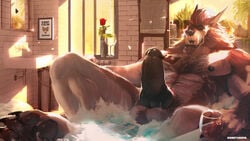 alcohol anthro balls bath beverage canine closed_eyes erection facial_hair goatee hairy_chest knot male male_only mammal muscular muscular_male nipples penis precum thick_penis werethrope werethrope_laporte wine