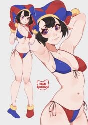 1girls :3 armpits arms_behind_head bikini black_hair breasts character_sheet full_body gloves kamii_momoru medium_breasts multicolored_eyes navel pomni pomni_(the_amazing_digital_circus) side-tie_bikini strip_game the_amazing_digital_circus voluptuous_female white_background zoom_layer